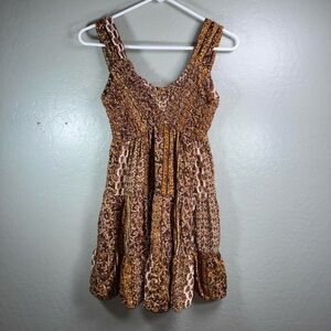 Angie Boho Babydoll Mini Dress Brown Gold Paisley Smocked Size M